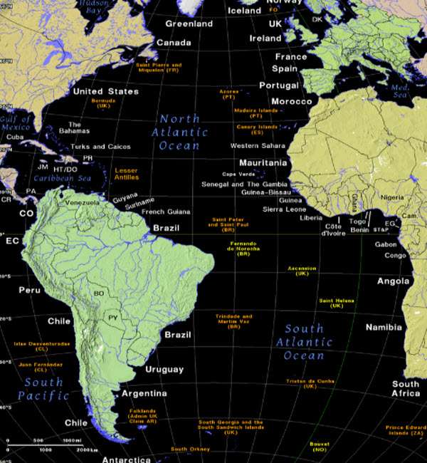 خريطة جزر و حدود المحيط الاطلسي