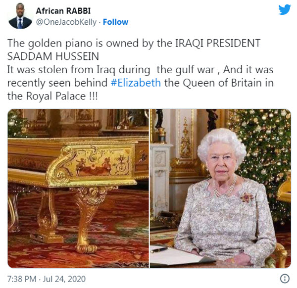 التغريدة التى تتهم الملكة اليزابيث بسرقة البيانو الذهبي من صدام حسين