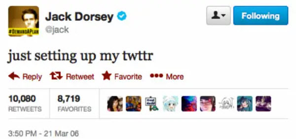 أول تغريدة فى موقع تويتر يقول فيها جاك دورسي أنه يعد حسابه فى موقع توتر