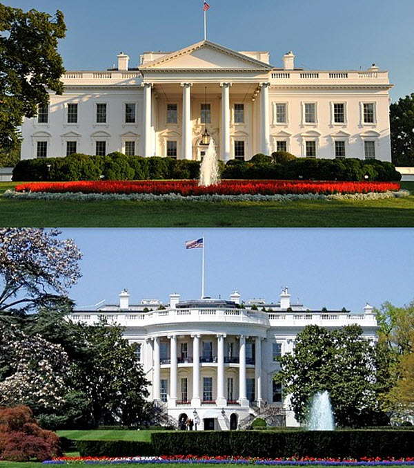 فى الأعلى الجزء الشمالي من البيت الأبيض و فى الأسفل الجزء الجنوبي ذات المقدمة البيضاوية