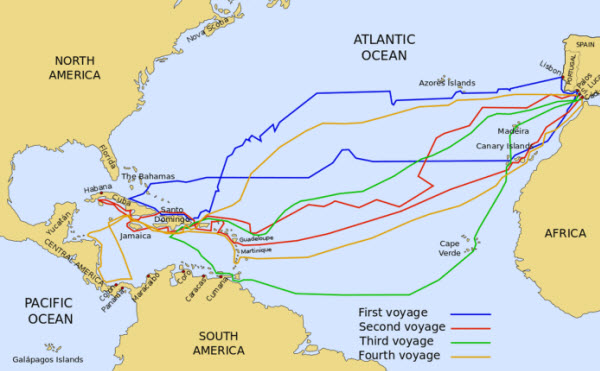 مسارات رحلة كريستوفر كولومبوس عبر المحيط الأطلسي