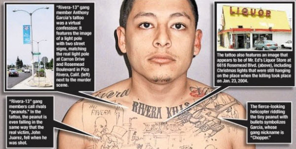 إعتقال رجل عصابات أمريكي لإرتكابه جريمة قتل حدثت قبل سنوات بعد رسمه لتفاصيل الجريمة علي وشم بجسده